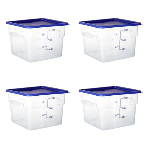 4 Pack 12 Qt Square Polycarbonate Food Storage Containers with Lids | Clear BPA-free PC with lids, side handles, measurement scale and stackable design; for food prep, storage and freezer use. - color: 12Qt