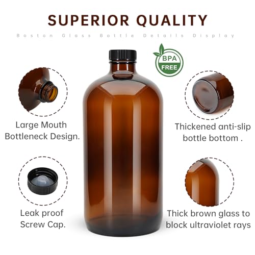 32 oz Amber Glass Boston Bottles with Phenolic Poly Cone Caps. Perfect Glass Brewing Bottles for Lab,Fermentation,Storing Kombucha,Brewing and Juicing. (1)