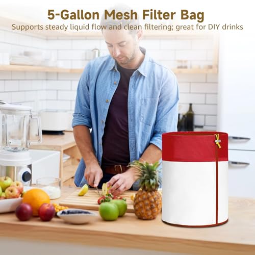 5 Gallon 5 Pcs Reusable Bags, Strainer Mesh Filter 25 to 220 Nylon Fine, with Pressing Screen & Storage DIY Drink Bucket Cold Brew, for