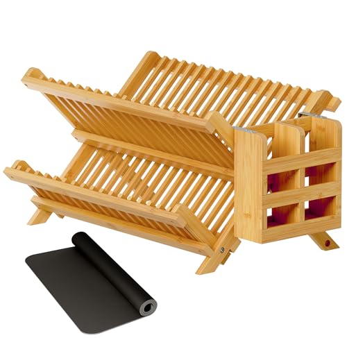 Greenual Bamboo Dish Drying Rack with Utensil Holder, 2 Tier Collapsible Dish Rack, Wooden Dish Racks for Kitchen Counter, Folding Drying Holder with Absorbent Dish Drying Mat - color: Natural, size: 2-Tier+Dish Drying Mat