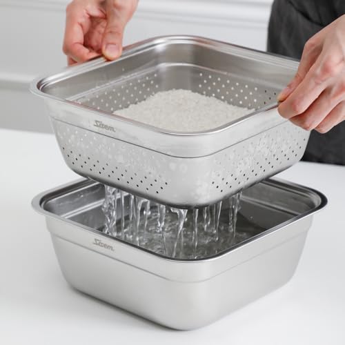 2-in-1 Stainless Steel Washing bowl & Colander Set, 12.5" Heavy-Duty Square Washing Up Bowl for Sink, Food Strainer Mixing Bowl, Food-Grade Basin for Rinsing Fruits, Vegetables, Rice & Pasta