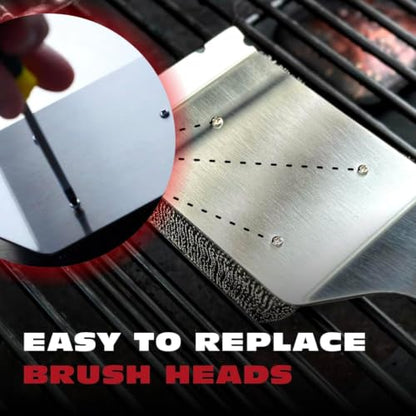 Bristle Free Grill Brush Cleaner and Scraper for Barbecue, Replaceable Head | Safe Bristle-Free Stainless Steel Scrub Pad with Heavy-Duty Scraper & Long Black Handle, Safe on Any Grill Grate - color: Black