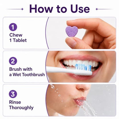 Purple Toothpaste Tablets for Teeth Brighten, 30 Count (Two Bottles) | With Nano Hydroxyapatite Fresh Breath & Oral Care, Portable Cleaning Tablets with Vitamin C & Mint Extract