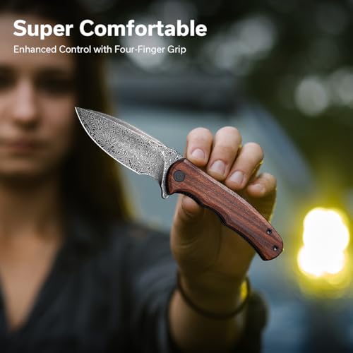 CIVIVI Folding Pocket Knife for EDC, Small Mini Praxis Knife for Men Women, 2.98" Damascus Blade Guibourtia Wood Handle, Sharp Camping Hiking Knives C18026C-DS1 - color: Brown