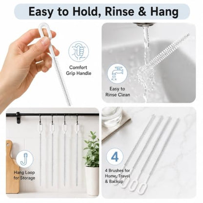 Heavy-Duty Straw Cleaner Brush Set, 10 Inch, 4 Sizes for Tumbler Straws | Fits Stanley, YETI, Hydro Flask and Simple Modern tumbler straws, 6/8/10/12mm Widths, Full-length Bristles, Comfort Grip