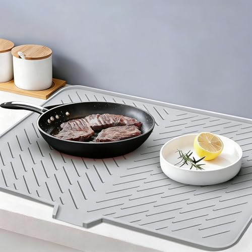 Silicone Dish Drying Mat for Kitchen Counter,23"X17" With Built-in Drain Lip,Food-Grade Silicone,Heat-Resistant Eco-friendly Hygienic Drying Mat Leak-Proof and Non-Slip,Multi-Functional Use（Gray） - color: Gray, size: 23" x 17"