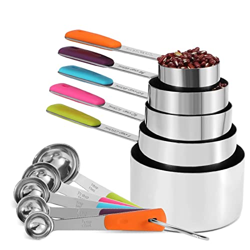 Bopei Measuring Cups and Spoons Set Stainless Steel 10 Piece for Cooking and Baking (5 Cups + 5 Spoons, Colorful Handles) - color: Colorful