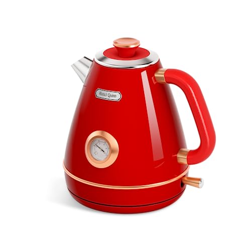 Hazel Quinn Retro Electric Kettle - 1.7 Liters / 57.5 Ounces Tea Kettle with Thermometer, All Stainless Steel, Fast Boiling 1200 W, BPA-free, Cordless, Rotational Base, Automatic Shut Off - Ruby Red - color: Ruby Red