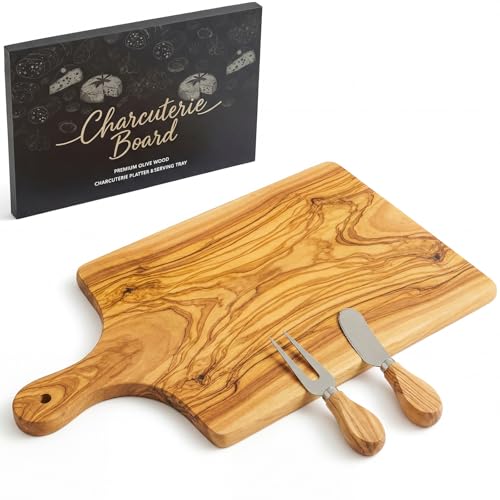 Ziliny Large Olive Wood Charcuterie Board & Cheese Knife Fork Set Housewarming Wedding Gifts for Couples 15" x 10" Handcrafted Charcuterie Board with Cheese Knife Fork for Kitchen Bridal Shower - color: Olive Wood, style: Rectangle with Long Handle