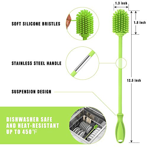 Silicone Bottle Cleaning Brush with Long Handle, 12.5" Water Bottle Cleaner for Baby Bottles, Hydro Flask, Sports Bottle, Vase, Glassware, Perfect for Smaller Diameter Bottle Openings (One Pack) - color: Green