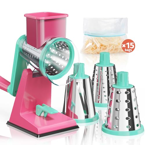 Upgraded Rotary Cheese Grater with 3 Interchangeable Stainless Steel Drums, One-Press Powerful Suction Manual Vegetable Shredder&Slicer for Kitchen, 15pcs Storage Bags Included, Rose-red&Green - color: Rose-red & Green