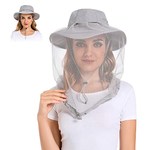 Mosquito Head Net Hat - Bug Cap UPF 50+ Sun Protection with Hidden Netting for Beekeeping Hiking Women - color: Light Grey