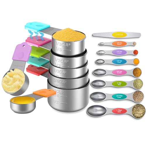 Magnetic Measuring Cups and Spoons Set, 7 Nesting Stainless Steel Measuring Cup Set with Easy to Read Markings, 7 Magnetic Measuring Spoons & 1 Leveler for Measuring Dry or Liquid Ingredients - style: C-Magnetic 15PCS