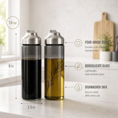 Aelga Olive Oil Dispenser Bottle for Kitchen, 2-Pack 14oz Dark Glass Oil and Vinegar Dispenser Set, Auto Flip Lid, UV-Protected Cooking Oil Cruet with Drip-Free Pour Spout - color: Grey, style: 14OZ Set of 2