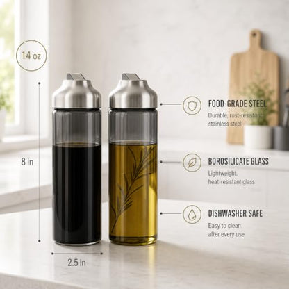 Aelga Olive Oil Dispenser Bottle for Kitchen, 2-Pack 14oz Dark Glass Oil and Vinegar Dispenser Set, Auto Flip Lid, UV-Protected Cooking Oil Cruet with Drip-Free Pour Spout - color: Grey, style: 14OZ Set of 2