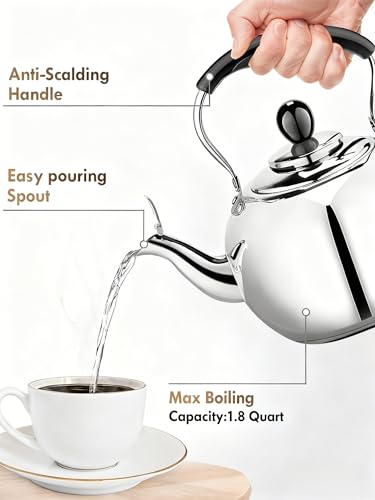 Stovetop Tea Kettle with Whistle - 2.0 Quart 18/8 Stainless Steel Tea Pot for Gas Stove & Electric Coil Stovetop, Food-Safe, Easy-Pour Spout, Mirror Polished Classic Water Kettle