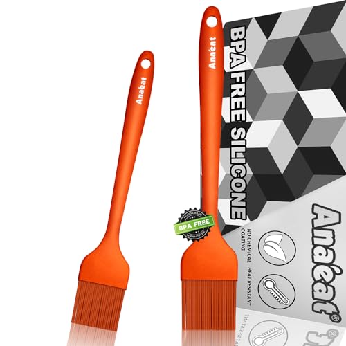 Anaeat Silicone Basting Pastry Brush- 2 Pack Heat Resistant Brushes with Soft Bristles, Hygienic Seamless Design, Marinade Brush Great in Baking for Spreading Oil Butter Sauce BBQ Grill (Orange) - color: Orange 2 Pcs (10"+8.2")
