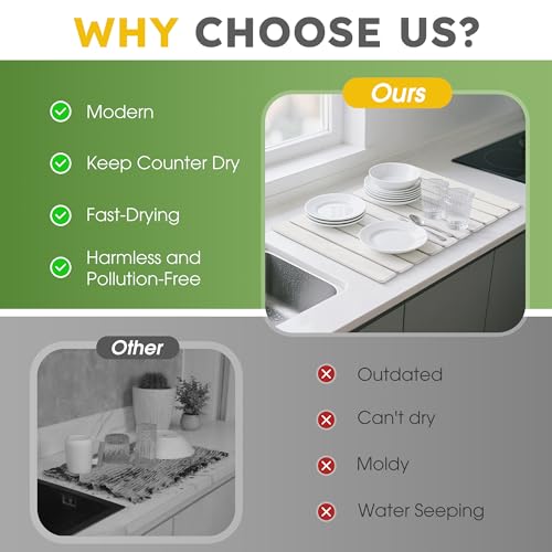HABUTWAY Large Stone Dish Drying Mat for Kitchen Counter – 24"×16" Collapsible Diatomaceous Earth Mat, Ultra Absorbent & Quick Dry, Foldable Drying Pad for Dishes, Bottles, Cups (White) - color: White