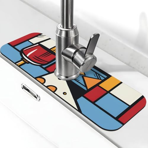 Kitchen Sink Faucet Mat Splash Guard, Cheese Red Wine Abstract Geometry Super Absorbent Drying Mat, Non-Slip Drain Pad for Bathroom Counter - color: Cheese Red Wine Abstract Geometry