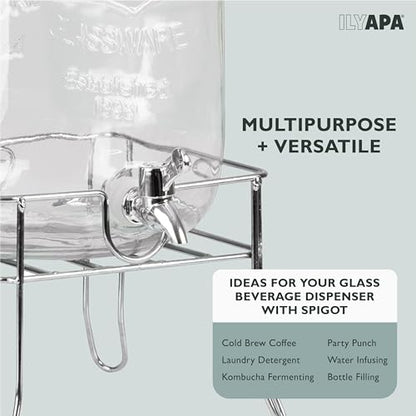 Ilyapa Outdoor Glass Beverage Dispenser with Sturdy Metal Base, Stainless Steel Spigot & Hanging Chalkboard - 1 Gallon Drink Dispenser
