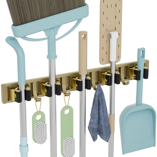 reliahom Broom Holder Wall Mount Mop Hanger Tools organizer 5Racks 4Hooks | Adjustable Mop Broom Wall Hanging Heavy duty Tools Storage Rack Space-saving for Garage,Kitchen,Laundry Room,Garden, Bronze - color: Bronze, size: 1 Pack 5R4H