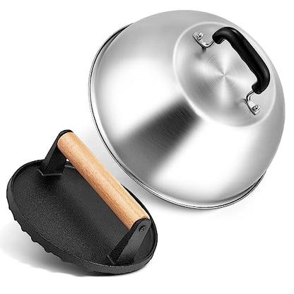 Cheese Melting Dome & Burger Press Kit, Joyfair 12” Basting Cover with Cast Iron Grill Press for Bacon, Griddle Accessories for Outdoor BBQ Flat Top Grilling Teppanyaki Kitchen Steaming (Round)