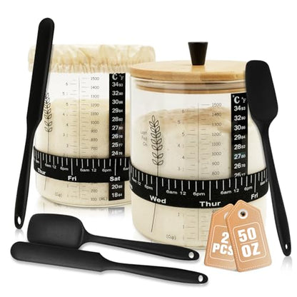 50oz Sourdough Starter Jar Kit, Wide Mouth Sourdough Starter Container for Perfect Sour Dough Bread, Extra-Large Capacity Sourdough Jar, Sourdough Kit(2 Pack) - size: Set of 2 & 2 spoons