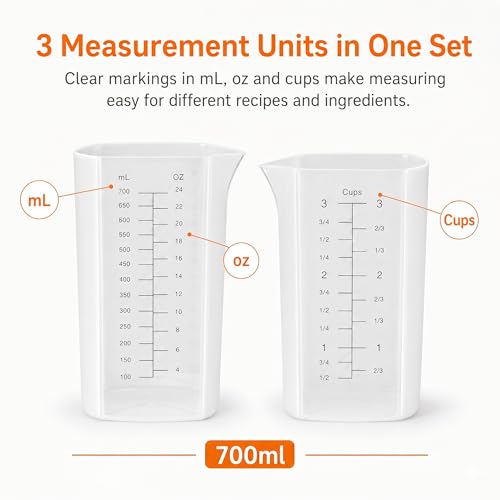 Silicone Measuring Cup Set, 1 Cup & 3 Cup Flexible Liquid Measuring Cups with Spout, BPA Free Silicone + PP Hybrid Design, Clear Cup & ml Markings for Cooking, Baking and Kitchen Use