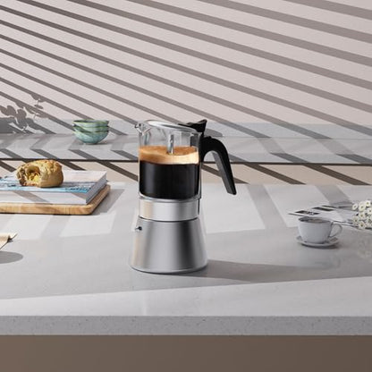 SIXAQUAE Moka Induction Stovetop Espresso Maker,Crystal Glass-top & Stainless Steel Espresso Moka Pot,Classic Italian coffee maker,240ml(6cup) - size: 240 ml - Standard