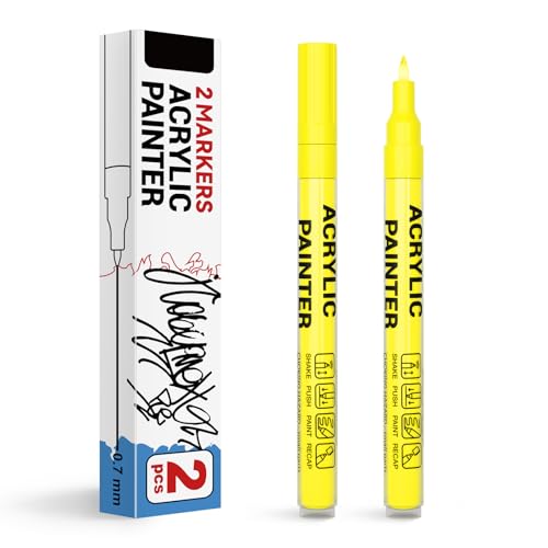 Acrylic Paint Pens Waterproof Markers 2 Yellow Permanent Marker Pens Acrylic Pens for Rock Painting Glass Stone Ceramic Metal Fabric Pebble Painting pens Craft Supplies - color: Yellow