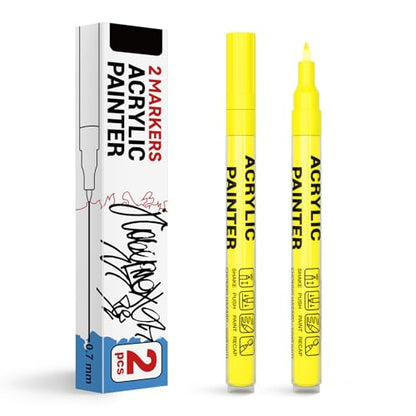 Acrylic Paint Pens Waterproof Markers 2 Yellow Permanent Marker Pens Acrylic Pens for Rock Painting Glass Stone Ceramic Metal Fabric Pebble Painting pens Craft Supplies - color: Yellow