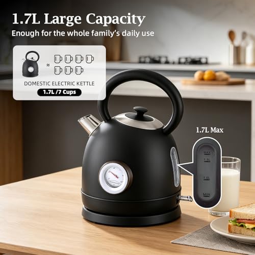 1.7L(57oz) Retro Electric Water Kettle, 1500W 304 Stainless Steel Temperature Control Tea Pot, Cordless LED, Built-in Thermometer, Auto Shut-Off & Boil Dry Protection - color: Black