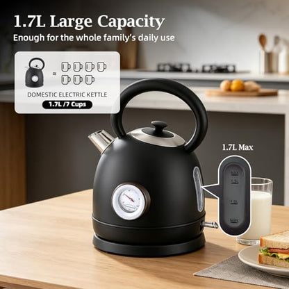 1.7L(57oz) Retro Electric Water Kettle, 1500W 304 Stainless Steel Temperature Control Tea Pot, Cordless LED, Built-in Thermometer, Auto Shut-Off & Boil Dry Protection - color: Black