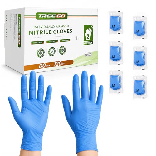 TREEGO Individually Wrapped Nitrile Gloves Bundle, Medium, 110 Pairs Total (50 Black + 60 Blue), Disposable 5 Mil Latex Free Powder Free Gloves for Food Prep, Cleaning