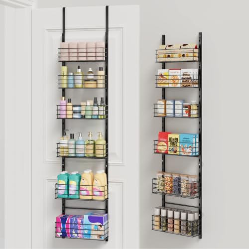 SWTYMIKI Over The Door Organizer - Door Organizer Hanging with 6 Adjustable Metal Large Capacity Basket, Wall Mounted Shelf for Bedroom Closet Bathroom Laundry Pantry Cabinet Kitchen(Black) - color: Black, size: 6-Tier