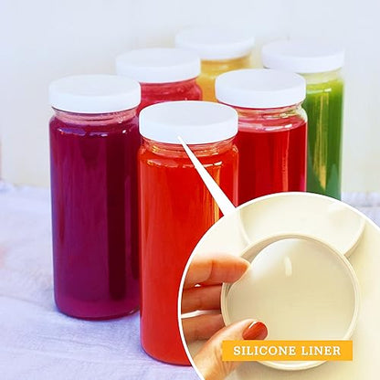 16oz Glass Juice Bottles with Lids - 6 Pack Wide Mouth Glass Water Bottles for Juices, Smoothies, Beverage Storage - Durable, Reusable, Dishwasher Safe, Glass Bottles for Juicing (White Caps) - color: 16oz White Caps