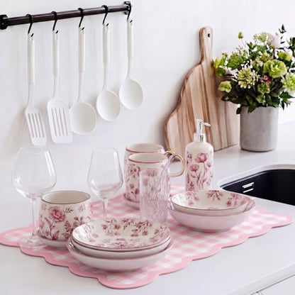 Scalloped Gingham Coffee Mat 12" x 20" Absorbent Coffee Bar Mat Gingham Espresso Matt for Counter(Pink) - color: Pink