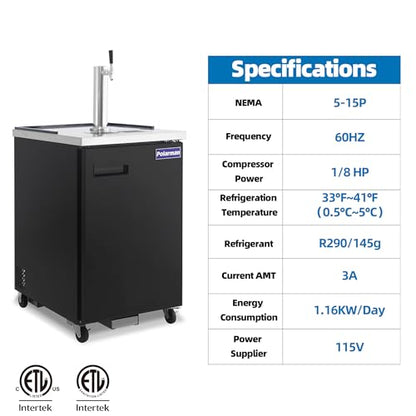 Polarman Beer Kegerator Single Tap Draft Beer Dispenser for Bars and Restaurants Full Size Commercial Keg Refrigerator 24” Stainless Steel With Drip Tray, 33°F- 41°F Temperature Control-Direct Draw - size: 24"W Single Tap