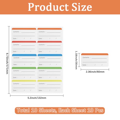 100Pcs Removable Food Storage Labels Paper Self Adhesive Stickers Colorful Refrigerator Freezer Labels 2.36x1.18 Inch Waterproof Rectangle Decals with Contents Date Easy Clean