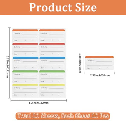 100Pcs Removable Food Storage Labels Paper Self Adhesive Stickers Colorful Refrigerator Freezer Labels 2.36x1.18 Inch Waterproof Rectangle Decals with Contents Date Easy Clean