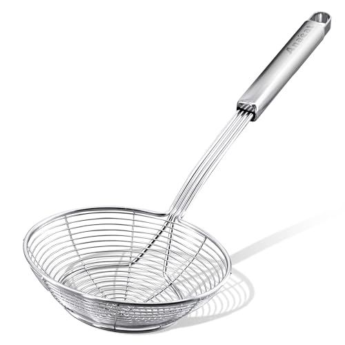 Anaeat Stainless Steel Spider Strainer Skimmer - Solid Kitchen Strainer Ladle with Long Handle for Cooking and Frying, Reinforced Double Coil Slotted Spoons for Pasta, Noodle, Spaghetti (7 Inch) - color: Double Coil 7 Inch