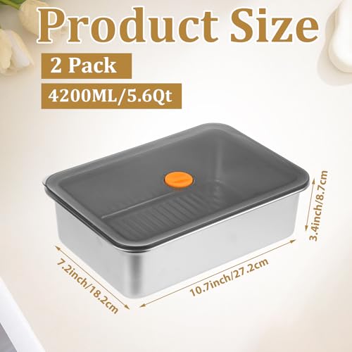 2 Pack 5.6 Qt Stainless Steel Marinade Containers with Lid, Metal Meat Brining Containers, Brining Prep Storage Box Dishwasher Safe for BBQ Tailgates Storage