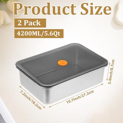 2 Pack 5.6 Qt Stainless Steel Marinade Containers with Lid, Metal Meat Brining Containers, Brining Prep Storage Box Dishwasher Safe for BBQ Tailgates Storage
