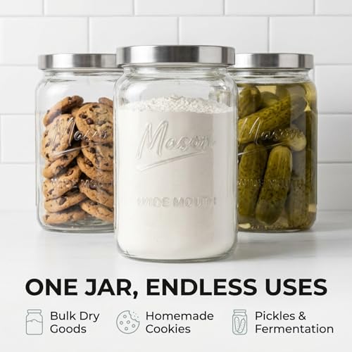 kitchentoolz 1 Gallon Glass Jar with Lid - Extra Large Mason Jar Wide Mouth with Airtight Metal Screw On Lid - Square Glass Storage Container with Measurements for Flour, Sugar, Cookies & Pickling