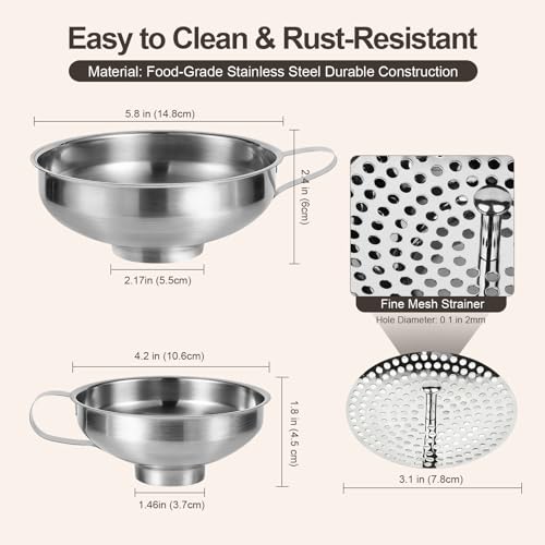 Canning Funnel with Strainer, Wide Mouth Canning Funnels for Filling Wide and Regular Mason Jars, Food Grade Stainless Steel Canning Supplies for Kitchen Use, 3 Pack (Small and Large)