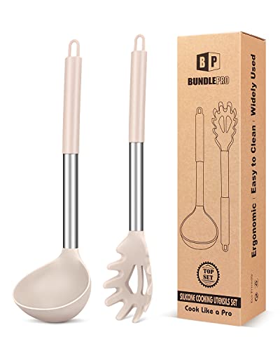 Silicone Pasta Fork and Ladle Spoon Set, Large Non Stick Kitchen Utensils for Cooking,Stirring,Serving Spaghetti, Soup, Sauce (KHAKI) - color: Khaki