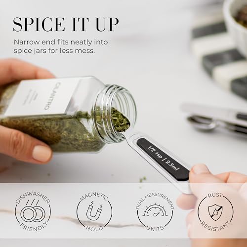 Stainless Steel Magnetic Measuring Spoons Set - 8-Piece Heavy Duty Metal, BPA-free, Stackable, Double Sided Measuring Spoons with Leveler for Dry and Liquid Ingredient - Fits in Spice Jars - color: Black & Silver