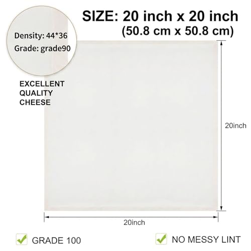Grade 100 Cheesecloth for Straining,Unbleached Cotton Cheese Cloth | 20x20 Inch Pre-cut Reusable Hemmed Edge Ultra Fine Mesh, Washable Strainer for Greek Yogurt Nut Milk Juicing Cooking Baking