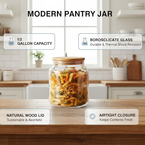 kitchentoolz 1/2 Gallon Mason Jar – 64 oz Wide Mouth Half Gallon Glass Jar with Wooden Lid – 2‑Pack Large Mason Jars for Kitchen Storage, Pantry Organization & Decorative Use