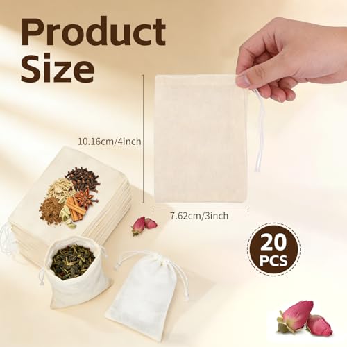 20 Pack Reusable Tea Bags, Natural Unbleached Muslin Bags with Drawstring, Spice Bags for Cooking, Loose Leaf Tea, Herbs & Coffee, Fine Mesh Filter Bags (3 x 4 in)